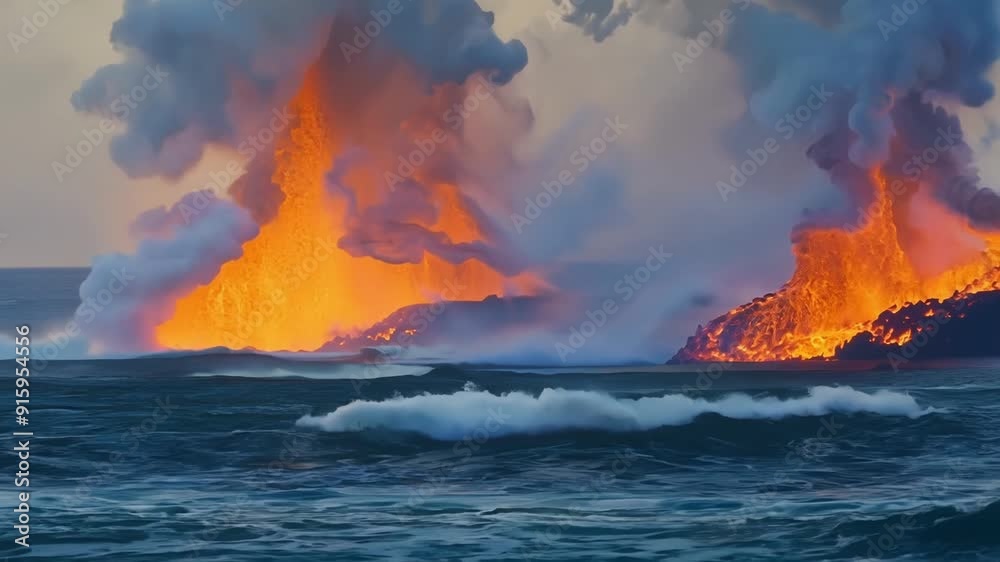 Poster Upclose footage of sizzling lava meeting the icy waters of the ocean creating plumes of steam and billowing clouds of smoke.