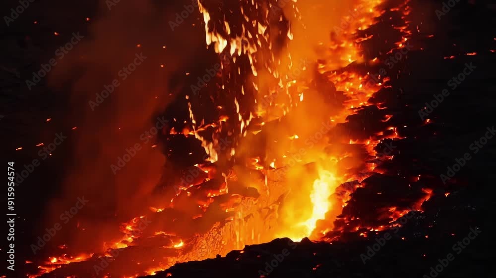 Poster closeup of fiery lava erupting from a crack in the earths surface sending sparks flying into the air