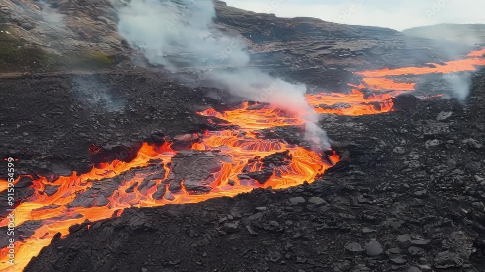 Poster A mesmerizing closeup of lava slowly crawling over a rocky terrain leaving a trail of scorch marks behind.