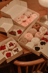 a treat of sweet delicious doughnut in sunny day at the cake shop