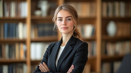 Confident female lawyer portrait, elegant suit, light-filled office, bookshelf in the background, professional and sharp