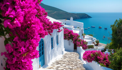 Fototapeta premium A charming coastal village features whitewashed houses adorned with vibrant bougainvillea, winding cobblestone streets, and stunning views of the turquoise sea filled with gently bobbing fishing boats