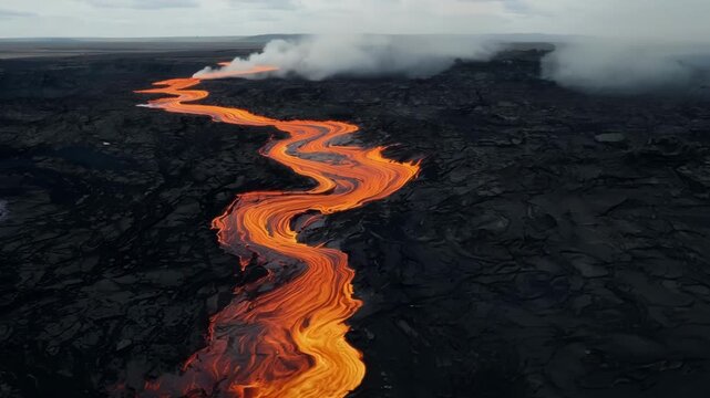 A view from above of a molten lava river snaking its way through a barren landscape leaving a path of destruction in its path.