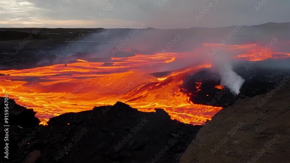 Poster fiery orange lava pouring and flowing over a rocky ledge creating a dramatic contrast between the vi