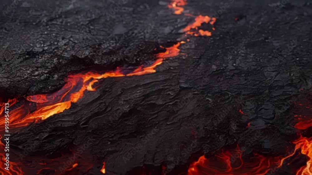 Poster Fiery red swirls and ripples mark the surface of the cooling lava reminiscent of a fiery ocean as it slowly solidifies.