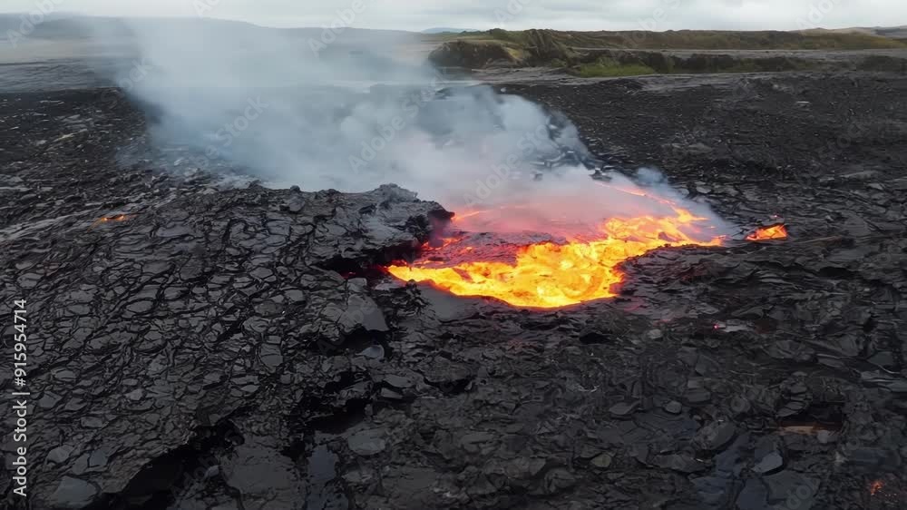 Poster chunks of hardened lava fall away from the cooling surface revealing pockets of molten rock and stea