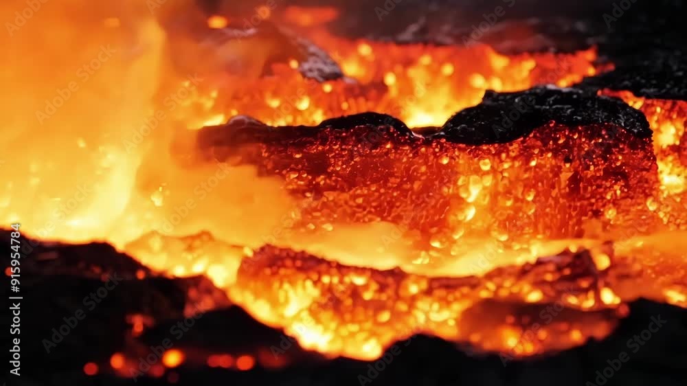 Poster a closeup of bursting lava bubbles accompanied by the sound of sizzling heat as they release their p
