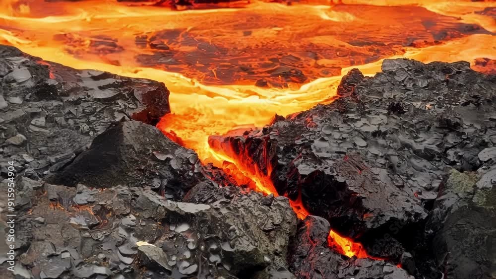 Poster A bubbling fiery stream of lava slowly pours over jagged gray rocks sizzling and changing the texture of the surface as it makes contact.
