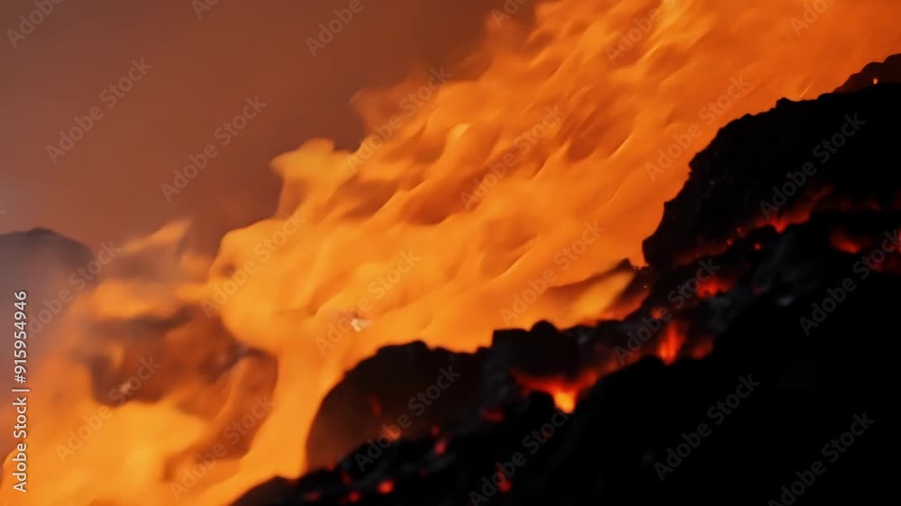 Aufkleber Closeup of molten lava flowing around a large boulder creating a twisting and winding path as it heats and erodes the natural rock formation.