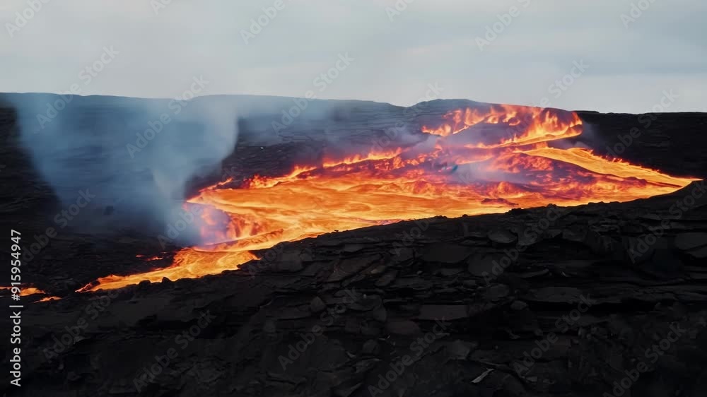 Poster a dramatic clash of forces as a burst of lava erupts from a crack in the earth and crashes against a