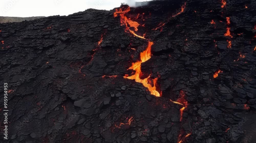 Poster a closeup of a rocky cliff the surface cracked and blackened from repeated contact with hot lava as 