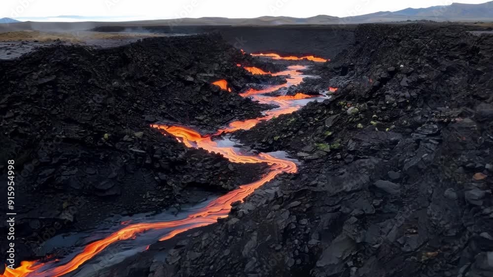 Poster A birds eye view of a river of lava snaking through a field of boulders leaving behind its fiery trail and creating new formations as it carves its way through.