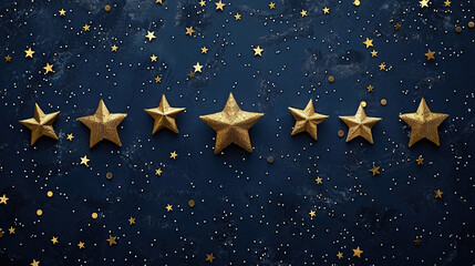 Naklejka premium golden glitter and stars decor on dark navy blue abstract backgrounds, christmas, birthdays, presents gifts, cards , wallpapers , banners