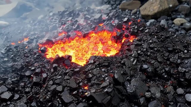 As the lava cools it clings and solidifies onto a pile of small rocks creating a textured and muddled surface that glows redhot in the center.