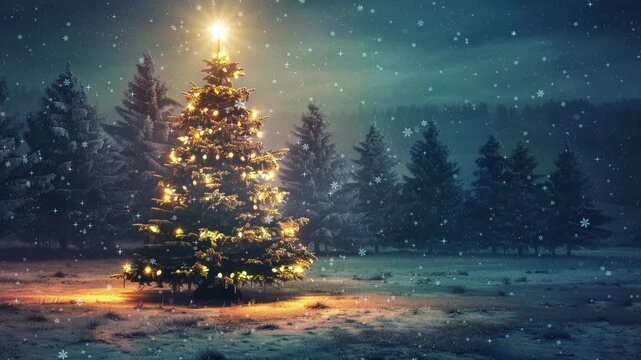 Snowy Christmas Scene: A Winter Forest with a Glowing Xmas Tree, Frozen Landscape, and a Magical Atmosphere Under the Evening Sky