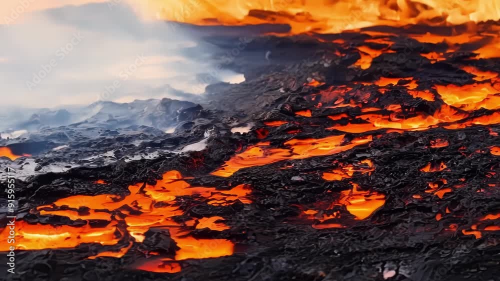 Poster In an extreme closeup the camera explores the complex and everchanging landscape of the lavas surface displaying the constant evolution and transformation of the molten rock as it