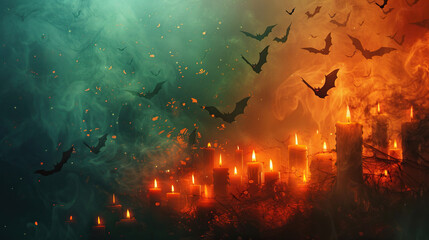 Fototapeta premium Happy Halloween decorative abstract background with scary orange candles burning and black bats flying over , space for text. banner, cards, billboards,wall decor