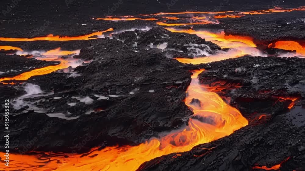 Poster Against a background of molten lava small rivulets of glowing orange magma branch off and merge back together showcasing the intricate network of channels and pathways created by