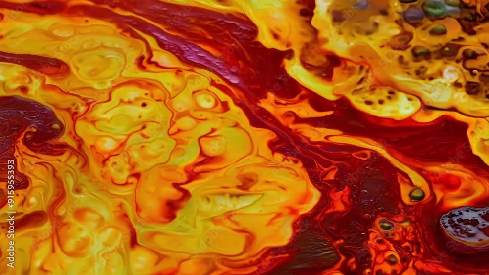 Poster in a closeup shot vibrant shades of red yellow and orange meld together as lava continues to flow an