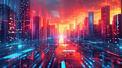 Fototapeta premium Abstract image depicting a futuristic cityscape with layered, transparent buildings bathed in warm sunlight, symbolizing urban growth and innovation. 