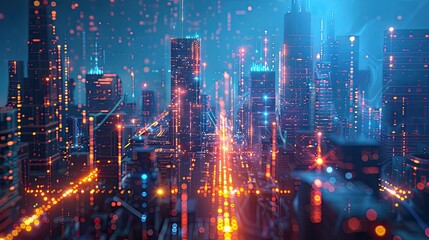 Obraz premium A vibrant futuristic cityscape illuminated by glowing neon lights and intricate digital patterns, symbolizing advanced technology and urban innovation. 