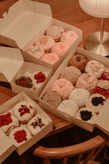 a treat of sweet delicious doughnut in sunny day at the cake shop