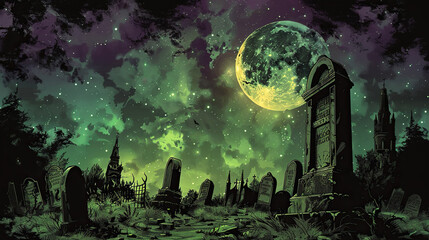 Happy Halloween decorative abstract background with orange and green purple scary night and bats and trees silhoutte in graveyard , horror banner, cards, billboards,wall decor