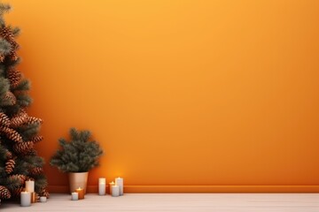 Fototapeta premium bright orange background. place for text. christmas. new year. christmas green tree. postcard. background. banner