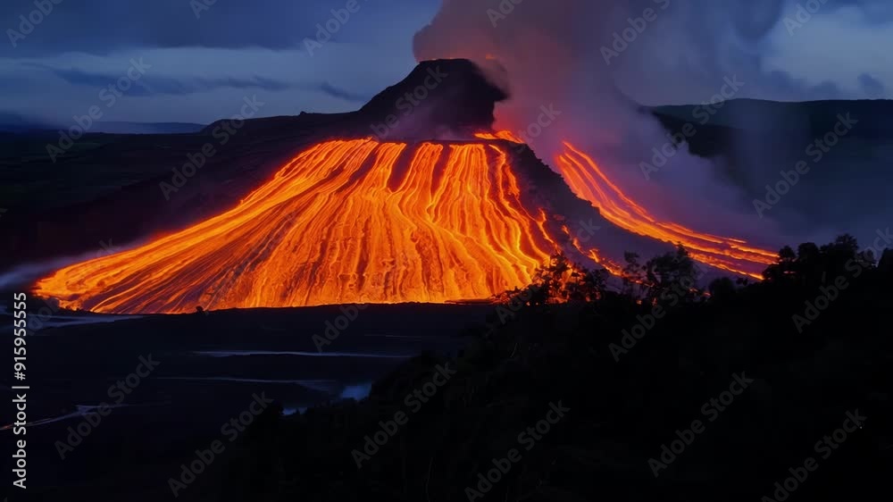 Poster the ethereal glow of a volcano at night with streams of lava cascading down the sides and shining br