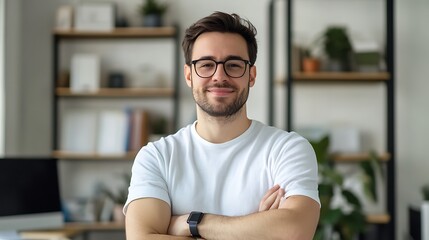 Headshot of a tech startup founder, minimalist aesthetic, clean workspace background, embodying innovation