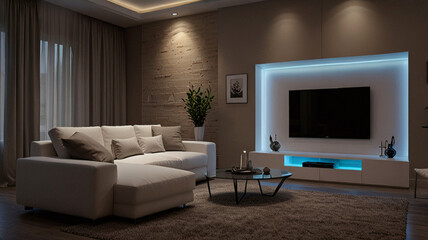 Home cinema, living room with colored LED lighting - Smart home. Big Tv In A Living Room. Elegant living room with big tv screen. Colored LED lit living room with home theater. 