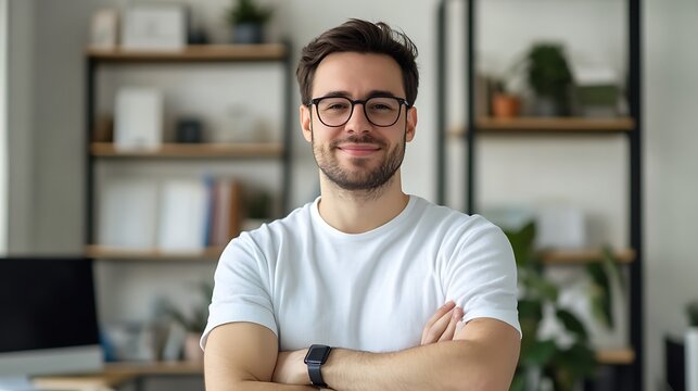 Headshot of a tech startup founder, minimalist aesthetic, clean workspace background, embodying innovation