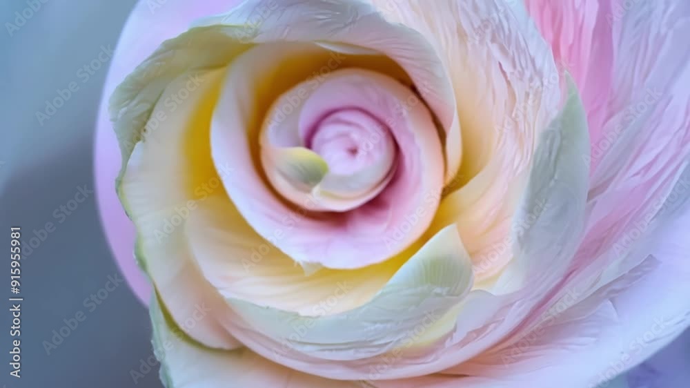 Poster The tightly packed layers of a bud forming a perfect spiral with shades of pastel colors peeking through the gaps.