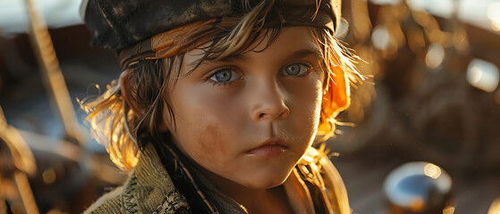 Child dressed as a pirate captain on a ship deck, soft sunlight highlighting their determined expression