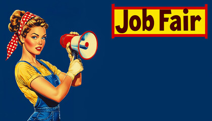Vintage poster with the image of a woman in a headscarf with a megaphone in her hands inviting to a job fair, retro typography