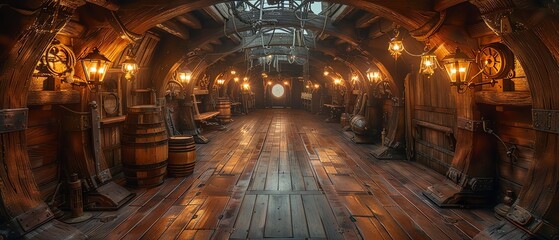 Dimly lit pirate ships lower deck, detailed wooden interiors with lanterns casting a warm glow