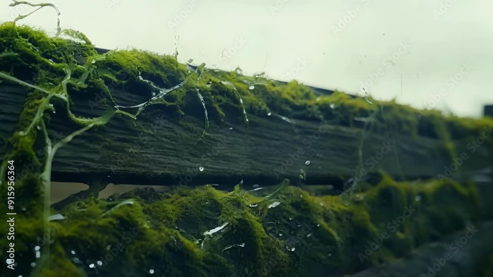 Poster Creeping tendrils of lime green moss cling to the rough edges of a decaying fence adding a touch of life to the weathered structure.