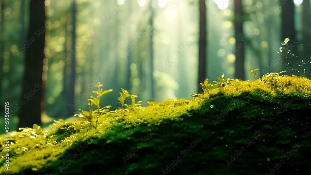 Poster Sunlight filtering through a canopy of trees illuminating a patch of emeraldgreen moss covering a smooth rock giving it a luminous glow.
