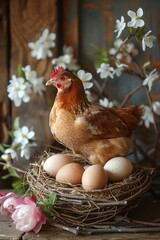 Hen with eggs in nest, spring blossoms, rustic wooden background, natural light