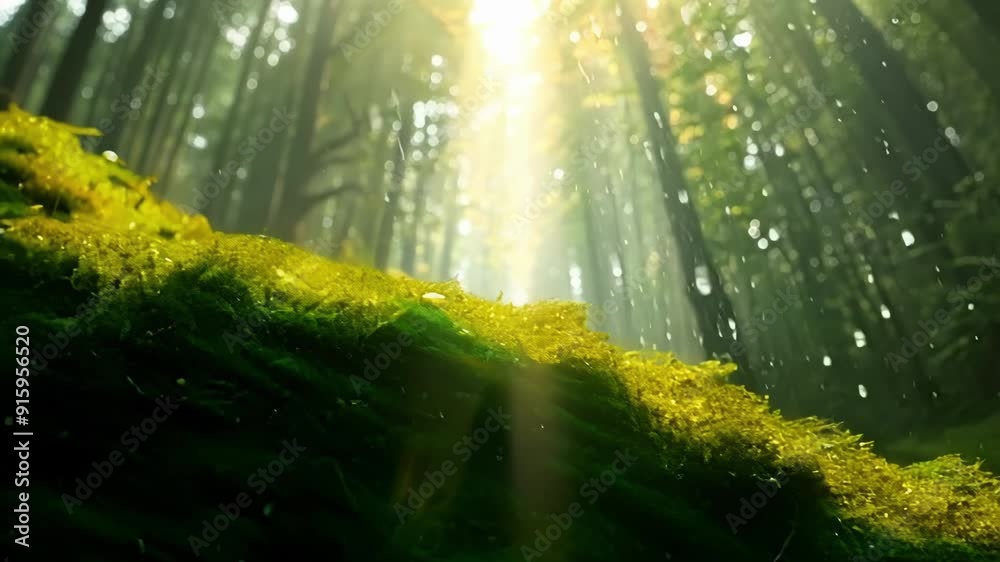 Poster closeup of a golden ray of sunlight filtering through the dense emerald moss in an enchanted forest.