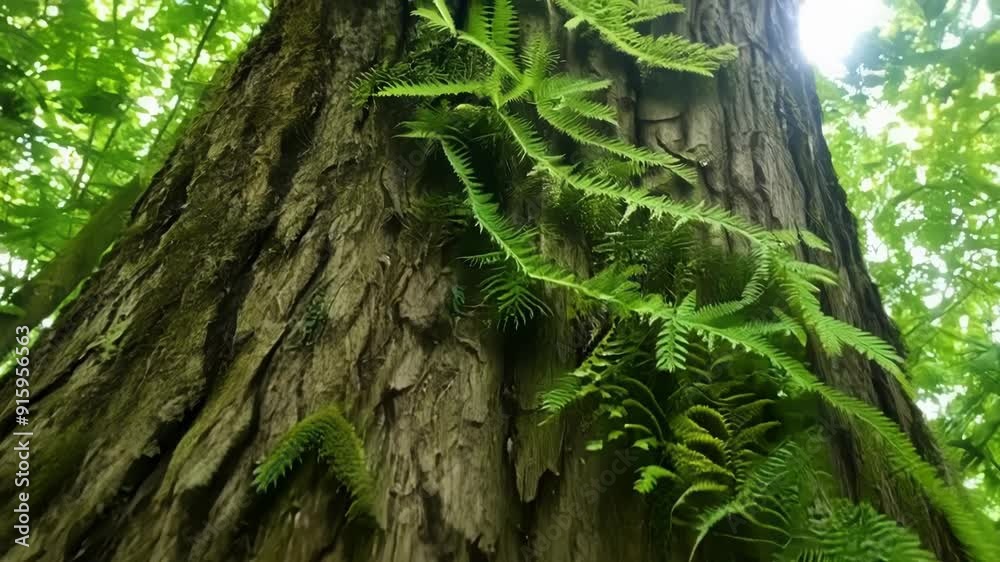 Leinwandbilder the camera pans up a tall tree trunk showcasing the tiny ferns nestled within the cracks and crevice