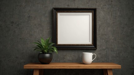 Blank picture frame shelf with a picture frame wall