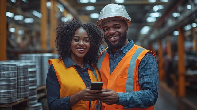 one black woman manager and one white male wearing a high vis jacket and a security helmet; They are happy and engaging with a cell phone in a factory setting.