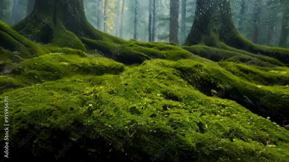 Poster A sprawling expanse of moss stretches out towards the forest floor creating a soft and inviting landscape.