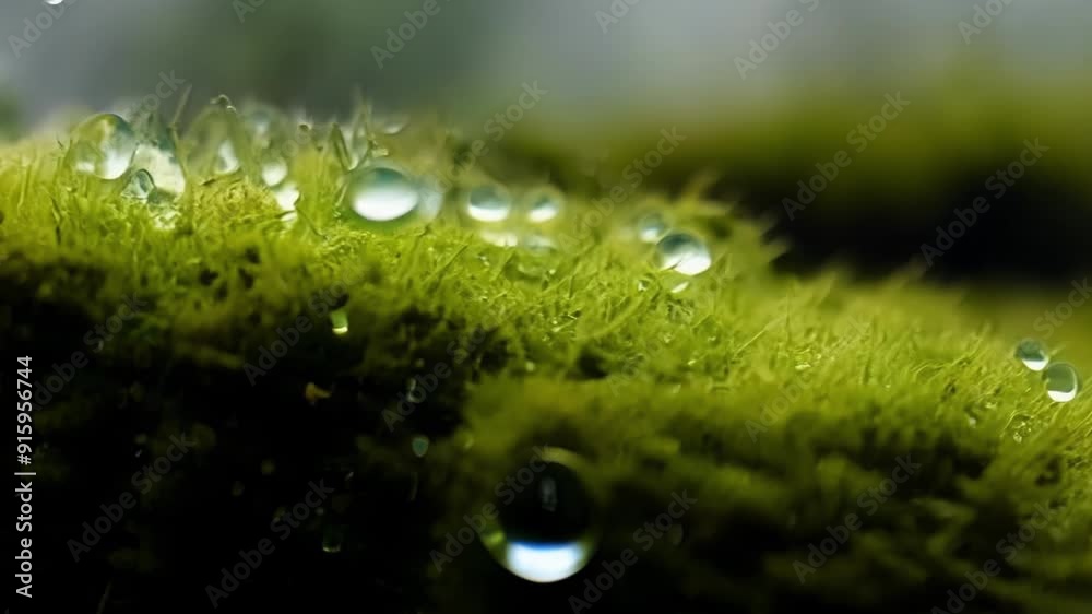 Poster the camera pans across a bed of moss revealing the unique shapes and sizes of each individual rain d