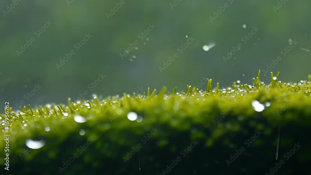 Poster A slowmotion shot captures raindrops falling onto the already wet surface of the moss creating ripples and cascading effects.