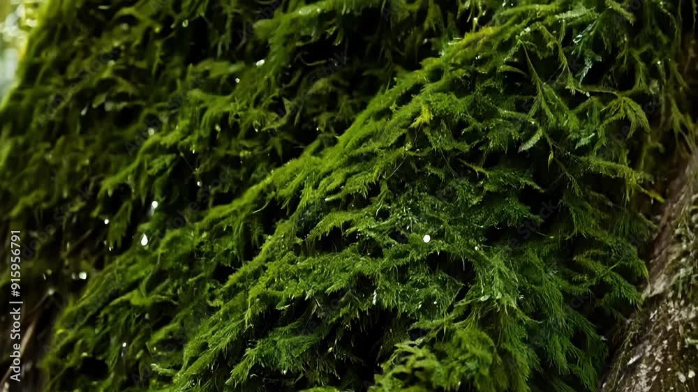 Poster The fuzzy tendrils of emerald green moss cascade down the side of a tree giving it a soft and whimsical appearance.