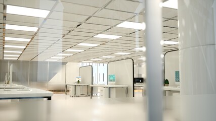 Stylish open floor plan office with modern partitioned workstations and sleek decorations. Space used for highlighting a professional collaborative and efficient business environment.