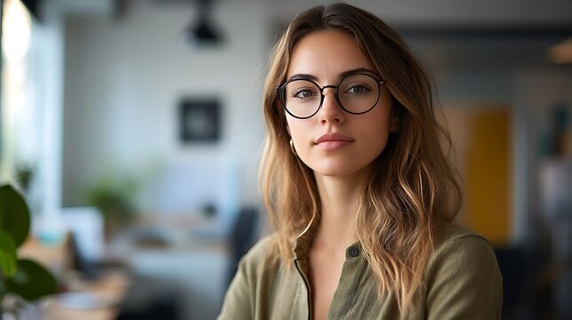 Image of a creative female professional, artistic office environment, casual yet polished look, contemplative gaze