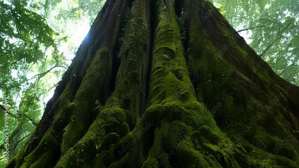Poster a shot from a low angle captures the lush mosses that cling to the base of a towering tree lending a